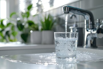 Water flowing from the faucet into a glass on a white kitchen table, in a close up. Clean water in a transparent cup near a modern sink with.
