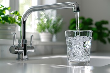 Water flowing from the faucet into a glass on a white kitchen table, in a close up. Clean water in a transparent cup near a modern sink with.