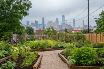 Obraz premium Urban Community Garden with Green Plants and Modern City Skyline in Background on a Cloudy Day, Showcasing Natural Beauty and Urban Agriculture