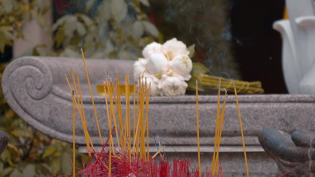 Incense is smokes with a pleasant smellin Ponagar Temple in&nbsp;Nha&nbsp;Trang, Vietnam. Closeup. Slow mo, slow motion, high speed camera, 200fps