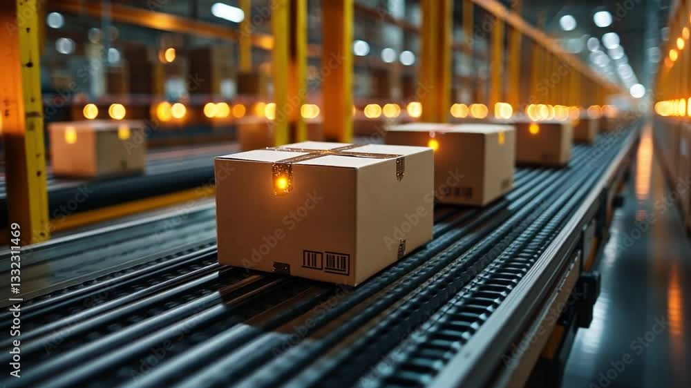 Poster automated conveyor system transporting packages in a busy warehouse during evening hours