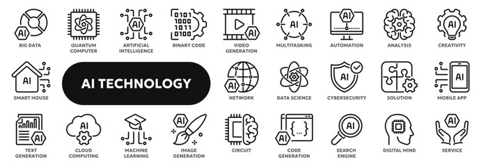 Set of vector line icons related to artificial intelligence, machine learning, data science and analytics. Symbols for website or app ui, logo design, illustration