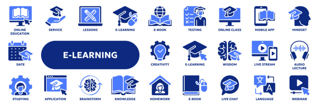 Set of vector solid icons related to online education, school and university lessons, e-learning and webinar. Symbols for website or app ui, logo design, illustration