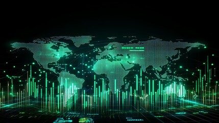 Glowing green digital world map illustrating data analysis concept