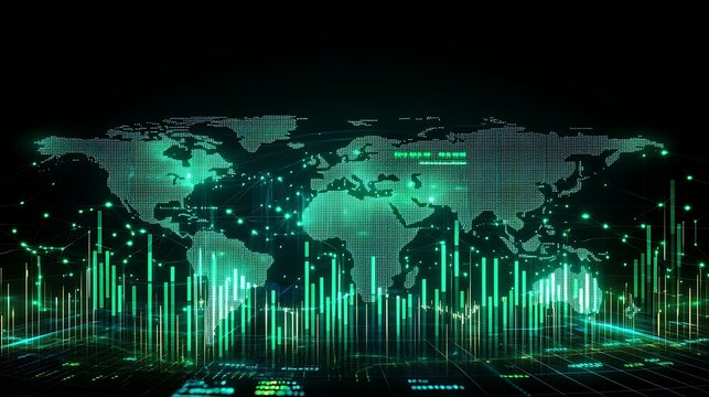 Glowing green digital world map illustrating data analysis concept