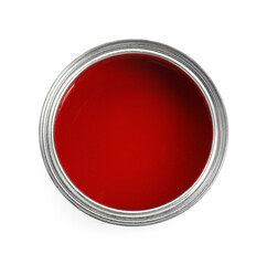 Can of red paint isolated on white, top view