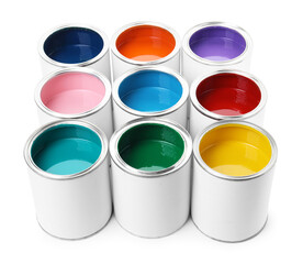 Cans of different paints isolated on white
