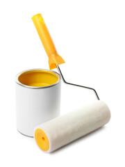 Obraz premium Can of yellow paint and roller isolated on white