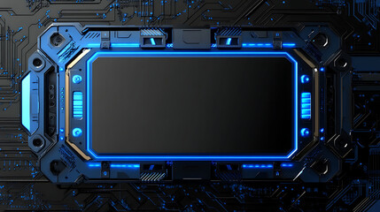 Fototapeta premium Futuristic Blue And Black Technology Frame With Illuminated Screen And Circuit Board Background