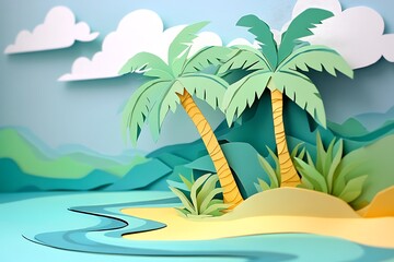 Obraz premium Paper art tropical island scene with palm trees, beach, and ocean.