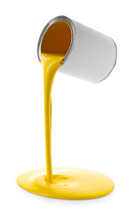 Yellow paint flowing down from can on white background