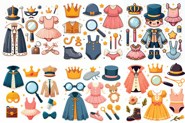 vector stylish mix-and-match kids' costume elements, such as a king's cape, a detective magnifying glass, and a ballet leotard, arranged neatly