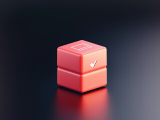 Red Cube with Check Mark Symbol on Dark Background for Confirmation