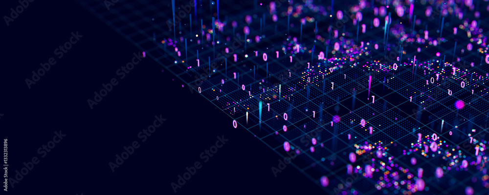 Poster macro of quantum computing technology. digital patterns of big data. microworld of llm ai learning p