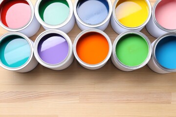 Cans of bright paints on wooden table, flat lay. Space for text