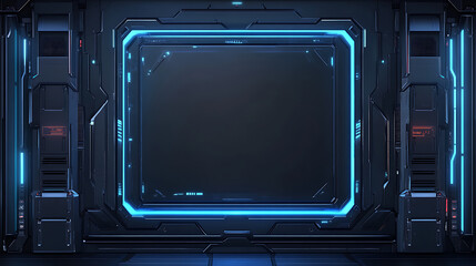 Futuristic Blue Digital Panel with Illuminated Edges and a Dark Screen Surface in a Cyber Space Interior