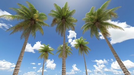 Fototapeta premium Palms reaching skyward on sandy beach, sunny day with blue sky and scattered clouds backdrop