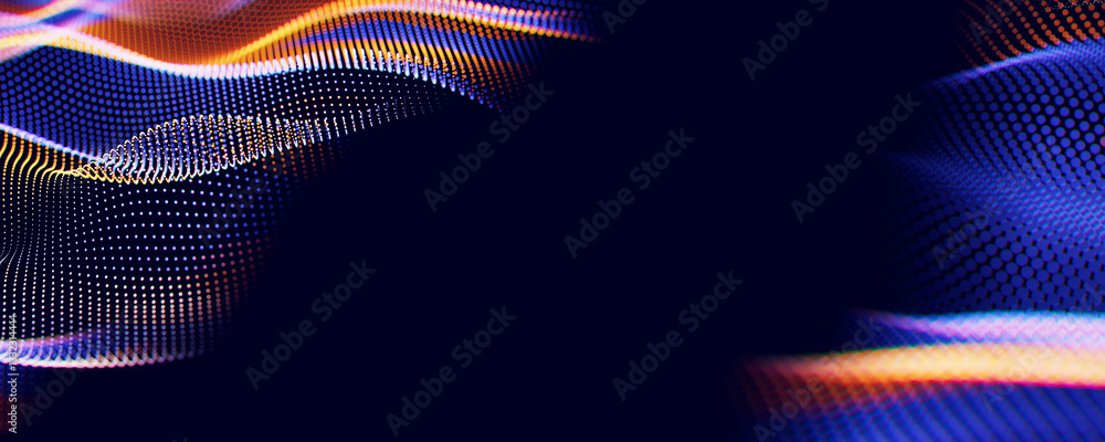 Poster Abstract wave of particles. Big data digital flow concept. LLM learning process, AI technology. Quantum computing. 3d render illustration with central place for text