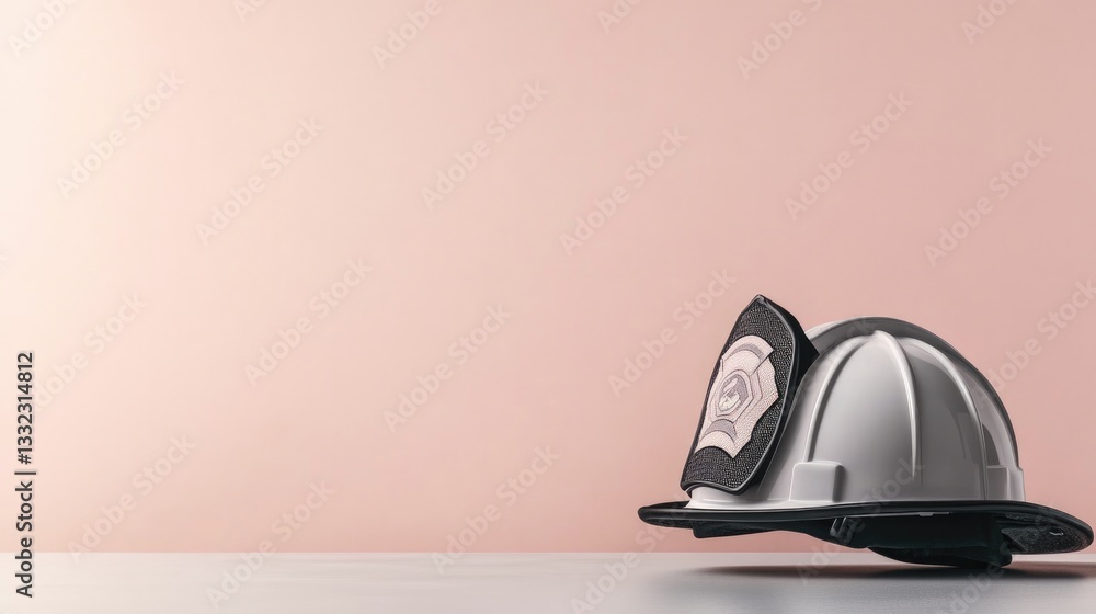 Poster solitary firefighter helmet resting on surface against smooth minimalistic solid color background