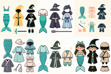 Cute vector set of dress-up clothes for kids, showcasing a mermaid tail, a wizard robe, and a ninja outfit © pa