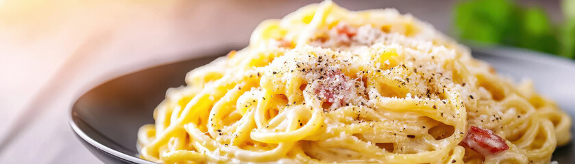 close up of creamy Italian carbonara pasta garnished with grated cheese and black pepper