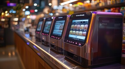 Naklejka premium Revolutionizing Retail High-Tech Self-Checkout Systems in Modern Supermarkets for Enhanced Shopping Experience