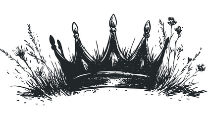 Intricate crown and wildflowers sketch highlighting regal themes. Vector retro hand drawn illustration