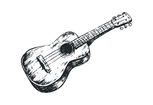 Hand-drawn ukulele sketch with detailed strings and wooden texture. Vector retro hand drawn illustration