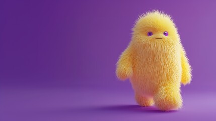 Fluffy Friend: A Yellow, Furry Creature with Purple Eyes Stands Against a Solid Purple Background, Radiating Cuteness and Simplicity.


