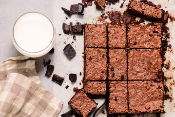 Chocolate brownie cut into squares.top veiw