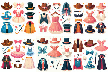 vector various children's costume pieces, such as a cowboy hat, ballerina tutu, and magician's cape, displayed against