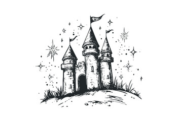 Obraz premium Enchanted medieval castle with towers and flags illustration surrounded by stars. Vector retro hand drawn illustration