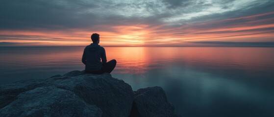 A solitary figure meditatively watches a serene ocean at dusk from the rocky shore, where the sky's warm hues blend harmoniously with the horizon.