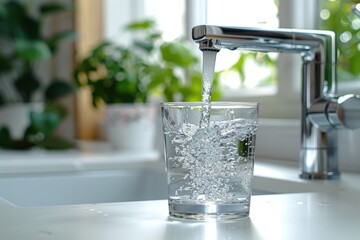 Water flowing from the faucet into a glass on a white kitchen table, in a close up. Clean water in a transparent cup near a modern sink with.