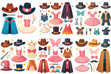 vector various children's costume pieces, such as a cowboy hat, ballerina tutu, and magician's cape, displayed against © pa