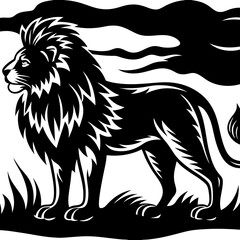 Fototapeta premium A Majestic Lion Standing Proud In The African Savanna, A Powerful Symbol Of Strength And Regality, Depicted In Bold Black And White With A Stylized Windswept Background Isolated on Transparent Backgro