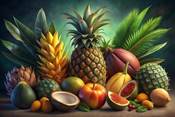 Exotic Fruit Still Life: Pineapple, Mango, and Citrus with Tropical Flair