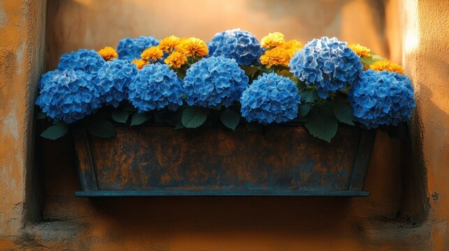 Blue and yellow flowers in a rustic planter box