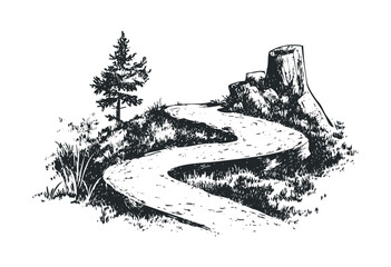 Fototapeta premium Winding path through natural landscape with tree and rock formation. Vector retro hand drawn illustration