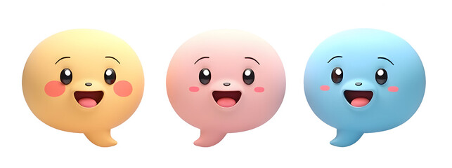 Three colorful, smiling chat bubbles with expressive eyes, conveying a cheerful and friendly vibe.