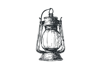 Vintage oil lantern sketch with intricate detail and classic design. Vector retro hand drawn illustration
