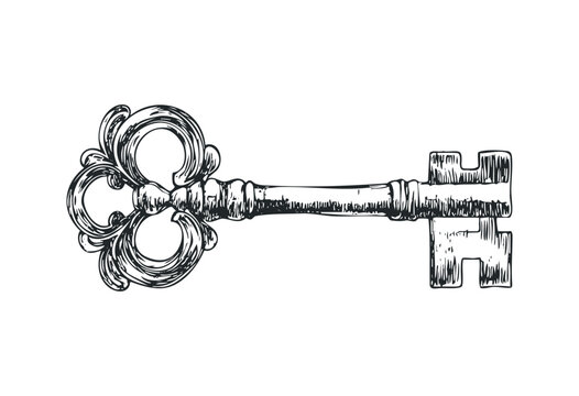 Vintage ornate skeleton key hand-drawn illustration with intricate details. Vector retro hand drawn illustration