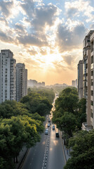 Fototapeta premium serene urban landscape featuring tall buildings, lush trees, and sunlit sky. scene captures essence of modern city life with peaceful atmosphere