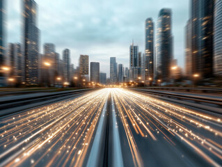 Fototapeta premium dynamic urban landscape showcasing blurred city skyline with bright light trails, symbolizing speed and modernity. scene captures essence of bustling metropolis