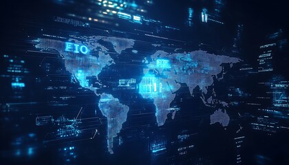 A digital world map displaying interconnected data networks globally
