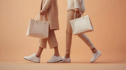 A visually appealing shot capturing the midsection and legs of two stylish individuals walking together, each holding elegant shopping bags