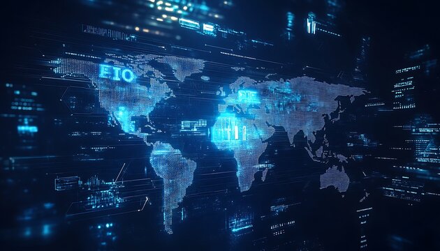 A digital world map displaying interconnected data networks globally - Powered by Adobe