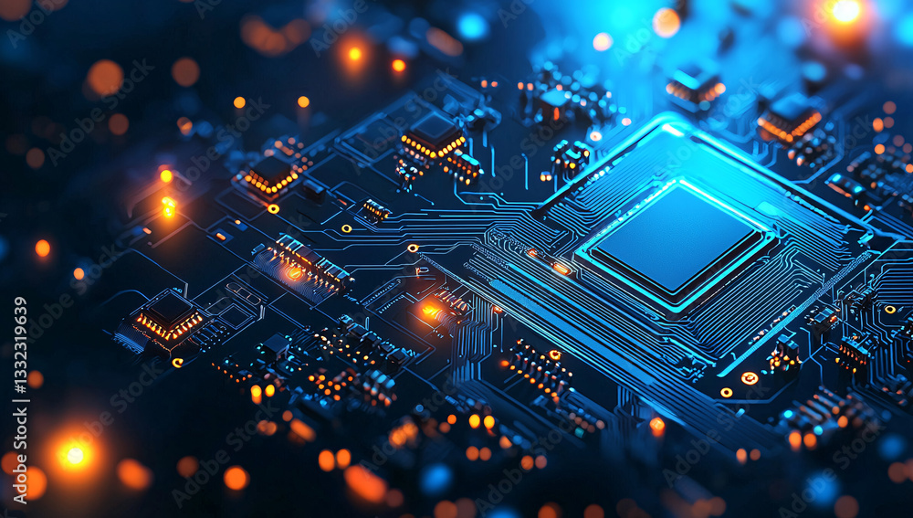 Poster closeup view of a technologically advanced computer motherboard circuit board with glowing component