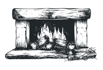 Fototapeta premium Rustic wood-burning fireplace sketch with logs and flames. Vector retro hand drawn illustration