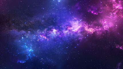 Night starry sky and bright purple-blue galaxy, horizontal background banner.